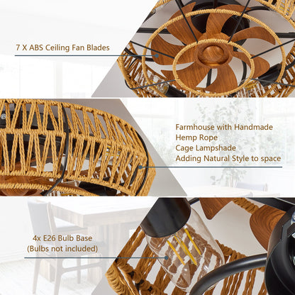 Ceiling Fan Caged Boho Flush Mount with Light Remote 6 Speed 19 In
