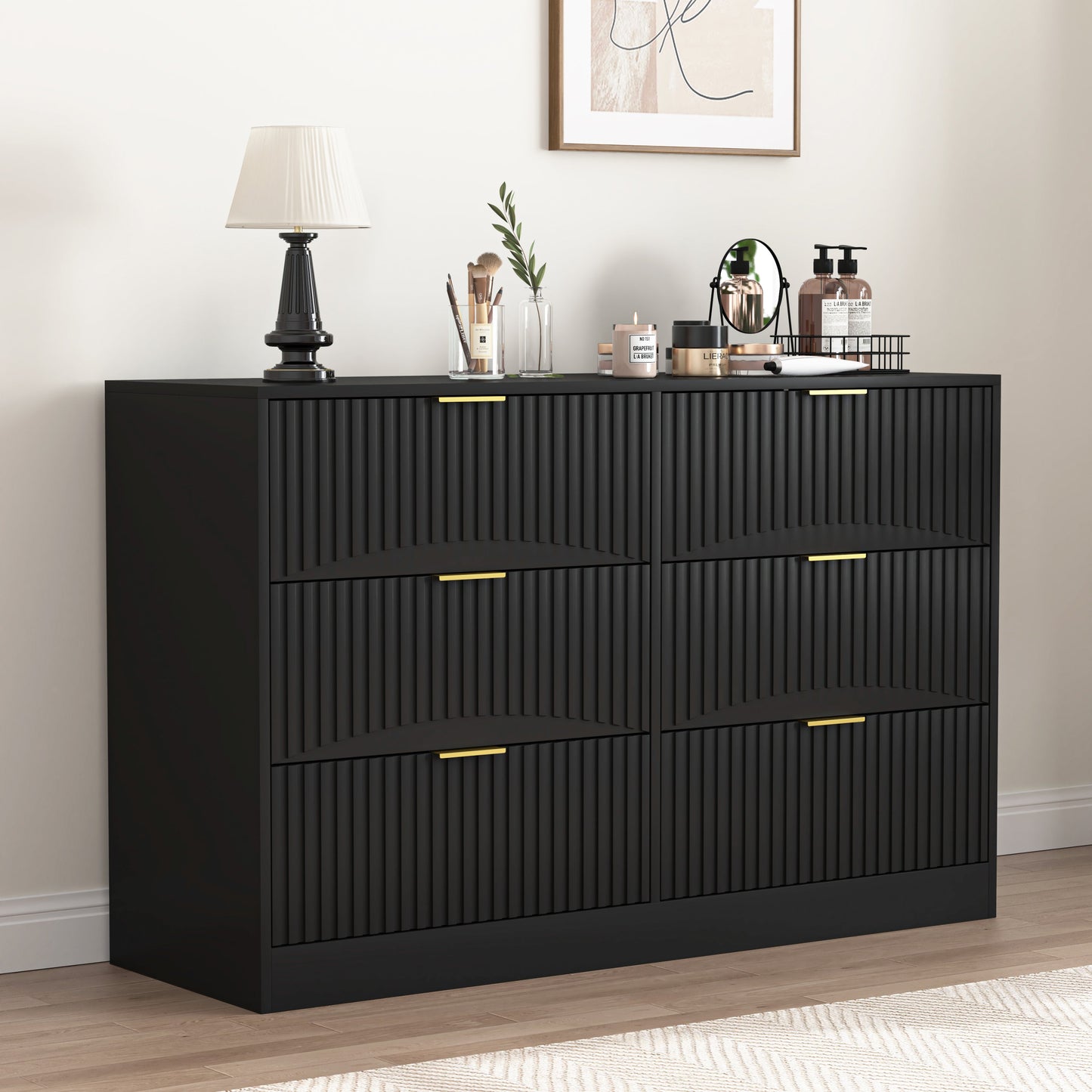 Dresser Modern 6-Drawer Black Particle Board 47.2x15.74x30.3 In