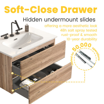 30' Wall Mounted Rough Oak&Rough Oak Bathroom Vanity with Integrated Ceramic ...