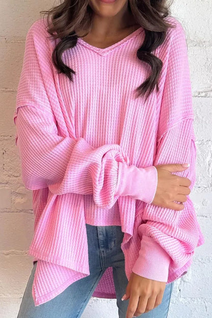 Waffle Knit V-Neck Back-to-School Blouse