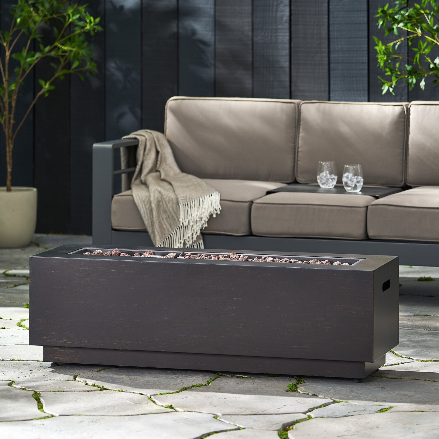 Modern 40 in Outdoor Iron Propane Fire Pit, 50,000 BTU, Sleek Design, Dark Brown