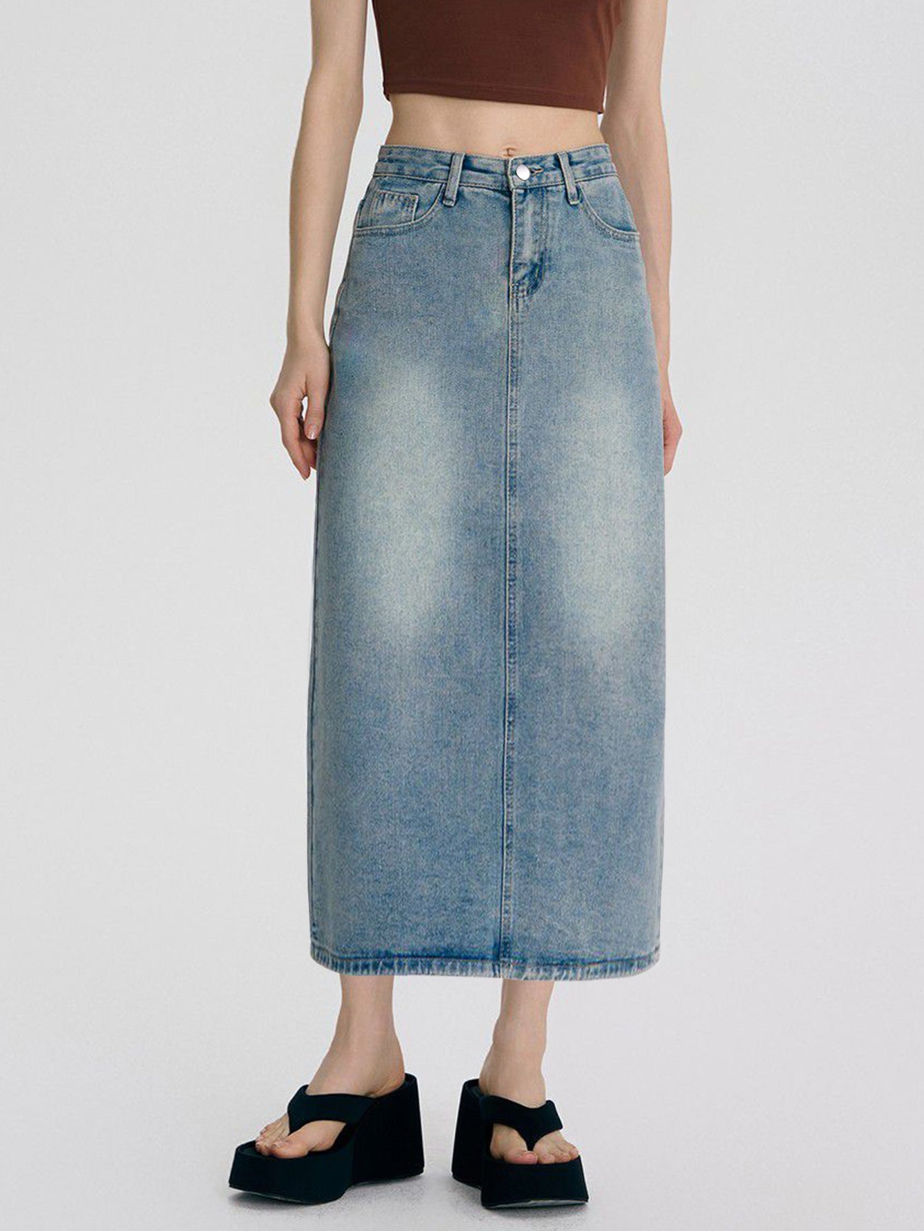 Retro Light-blue Figure-flattering A-line Skirt