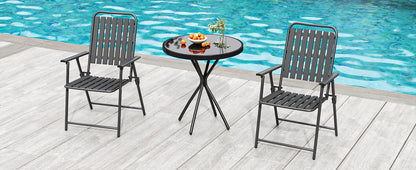 Outdoor Patio Set Metal WPC Black 3 Piece Folding Chairs Glass Table 350 LB