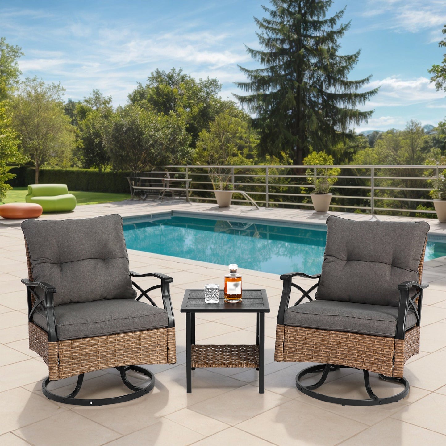 Outdoor Patio Set PE Rattan Steel Brown Swivel Rocker 3 Piece 350 LB
