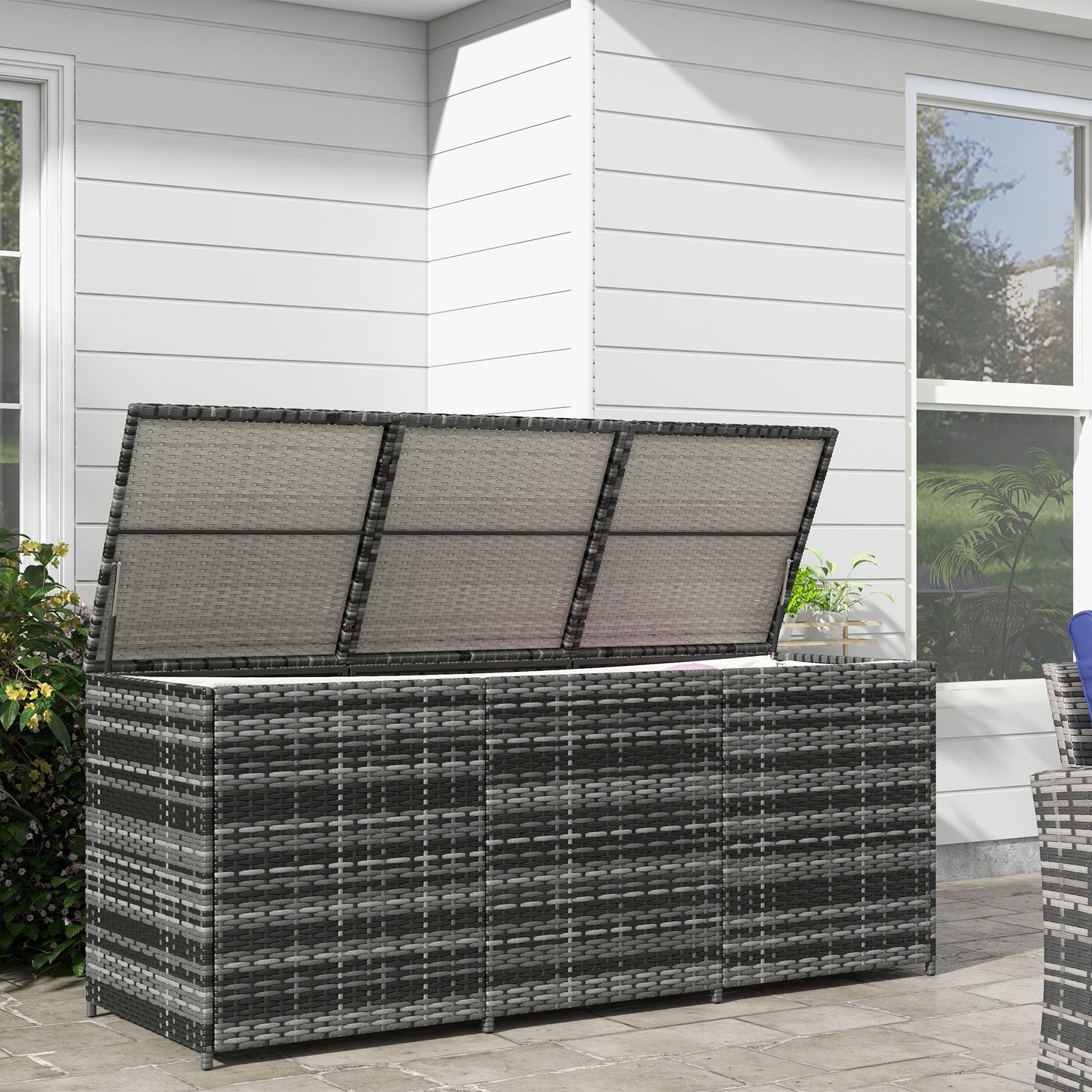 175 Gallon Outdoor Storage Box with Inner Liner, PE Rattan Wicker Deck Box with