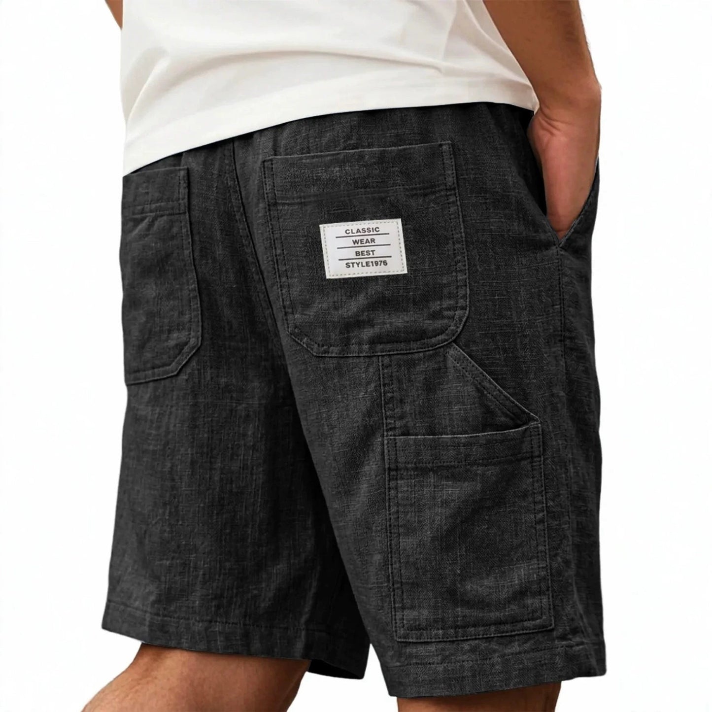 Mens Solid-Color Bamboo-Texture Linen Multi-Pocket Shorts