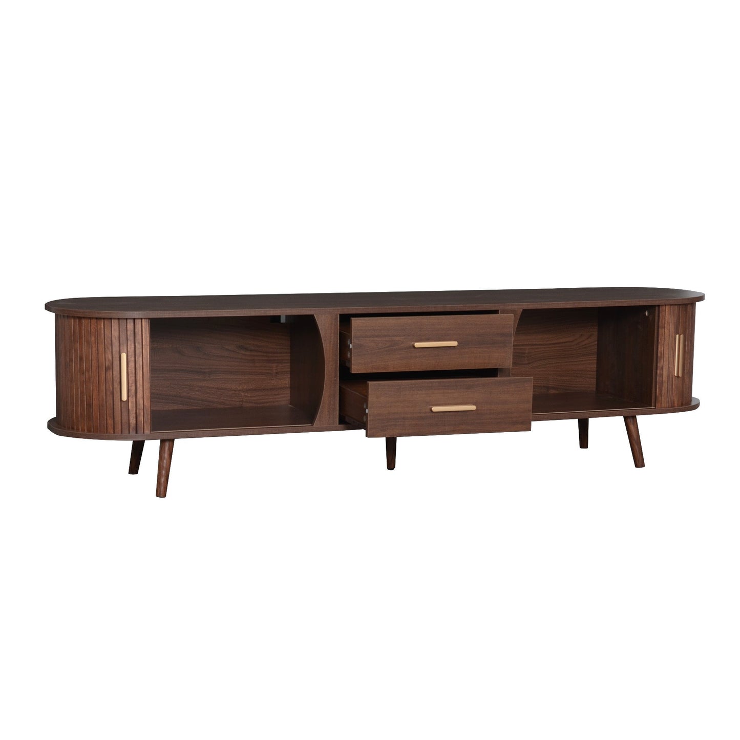 TV Stand Mid-Century Dark Brown Solid Wood Sliding Door Fits 80 In TV 70.8 In
