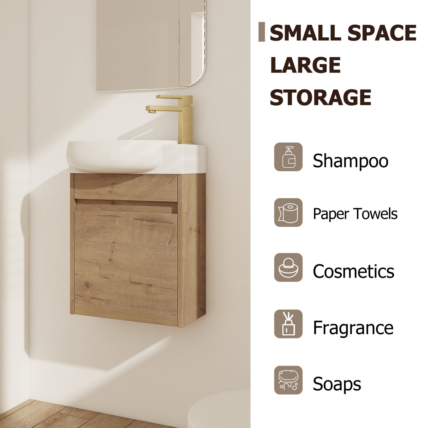 Soft Close Doors Bathroom Vanity With Sink, 16 Inch For Small Bathroom