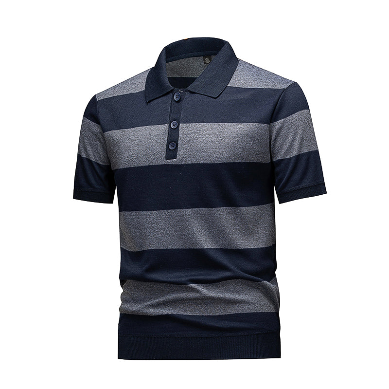 Men's Navy & Grey Horizontal Striped Knit Polo Shirt, Short Sleeve Casual Top