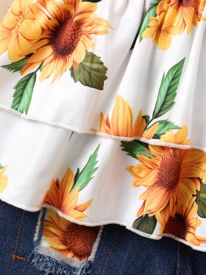 Children's Sunflower Ruffled Short Sleeve Top and Shorts Set