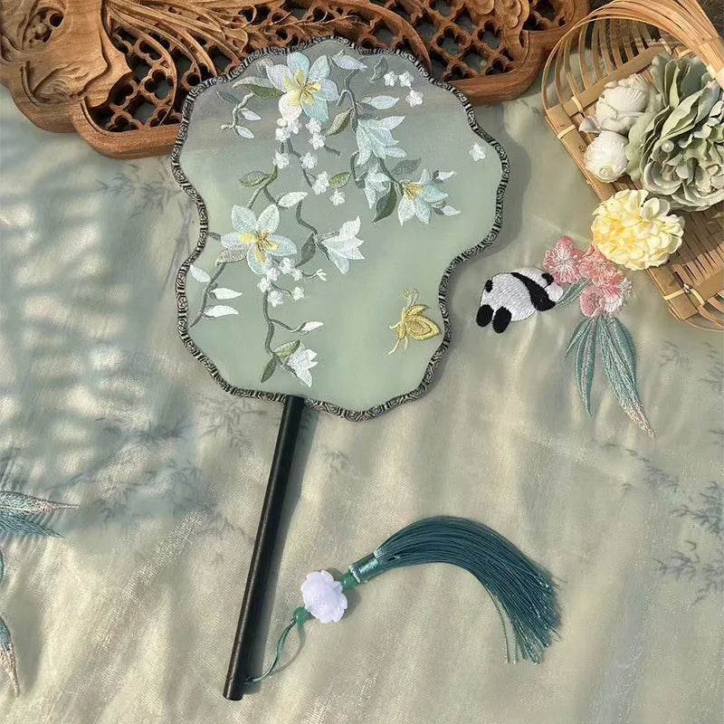 Ancient Style Fan Chinese Style Hanfu Dance Shooting Long Handled Embroidered Classical Double Sided Fan Female Decorative Fan