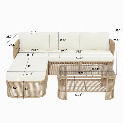 Outdoor Patio Set PE Rattan Iron Dark Beige Modular Glass Table