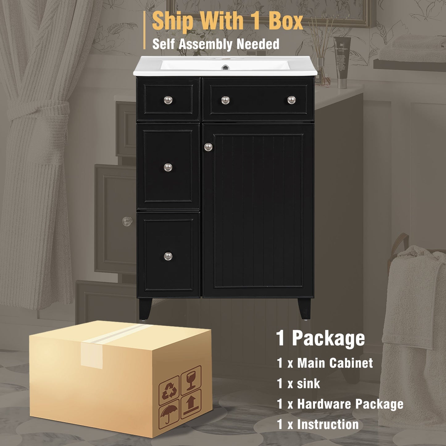Transitional Bathroom Vanity Cabinet with Ceramic Sink, 24-Inch, Black, Solid...