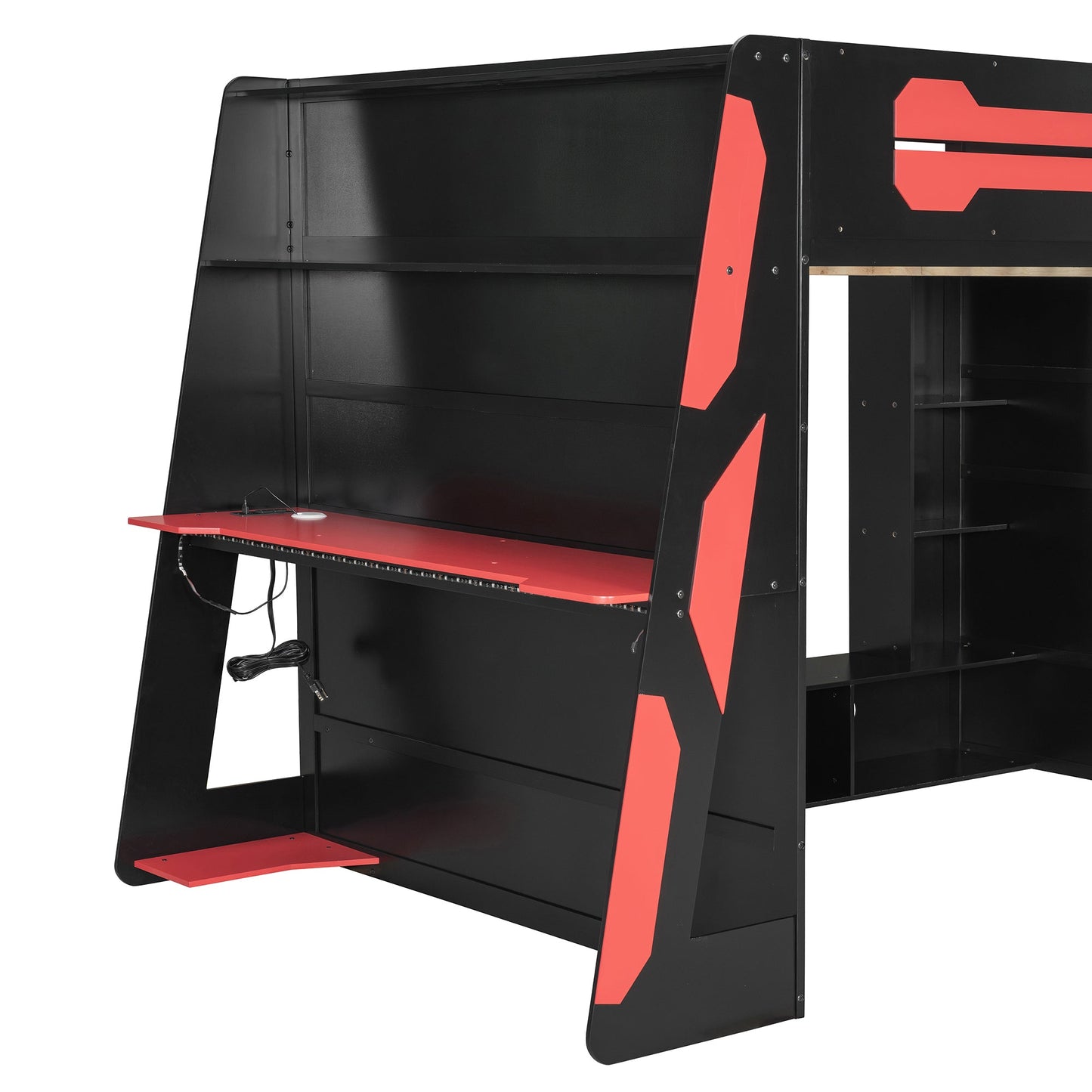 Full Size Wood Loft Bed with Desk, Multi-storage Shelves and RGB Light, Red