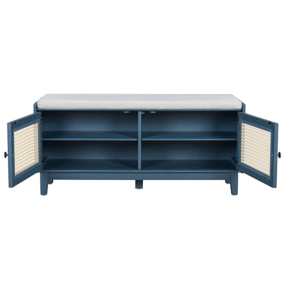 Boho Rattan Entryway Bench with Storage, Cushioned Shoe Bench with Double
