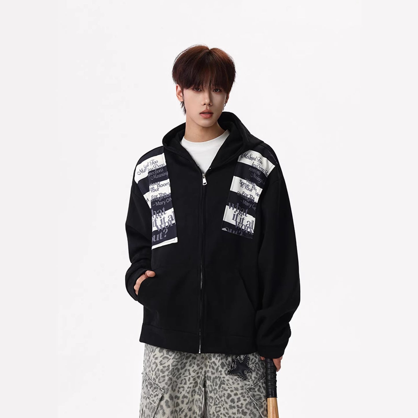 Letter-print Sporty Cardigan Hoodie For Men