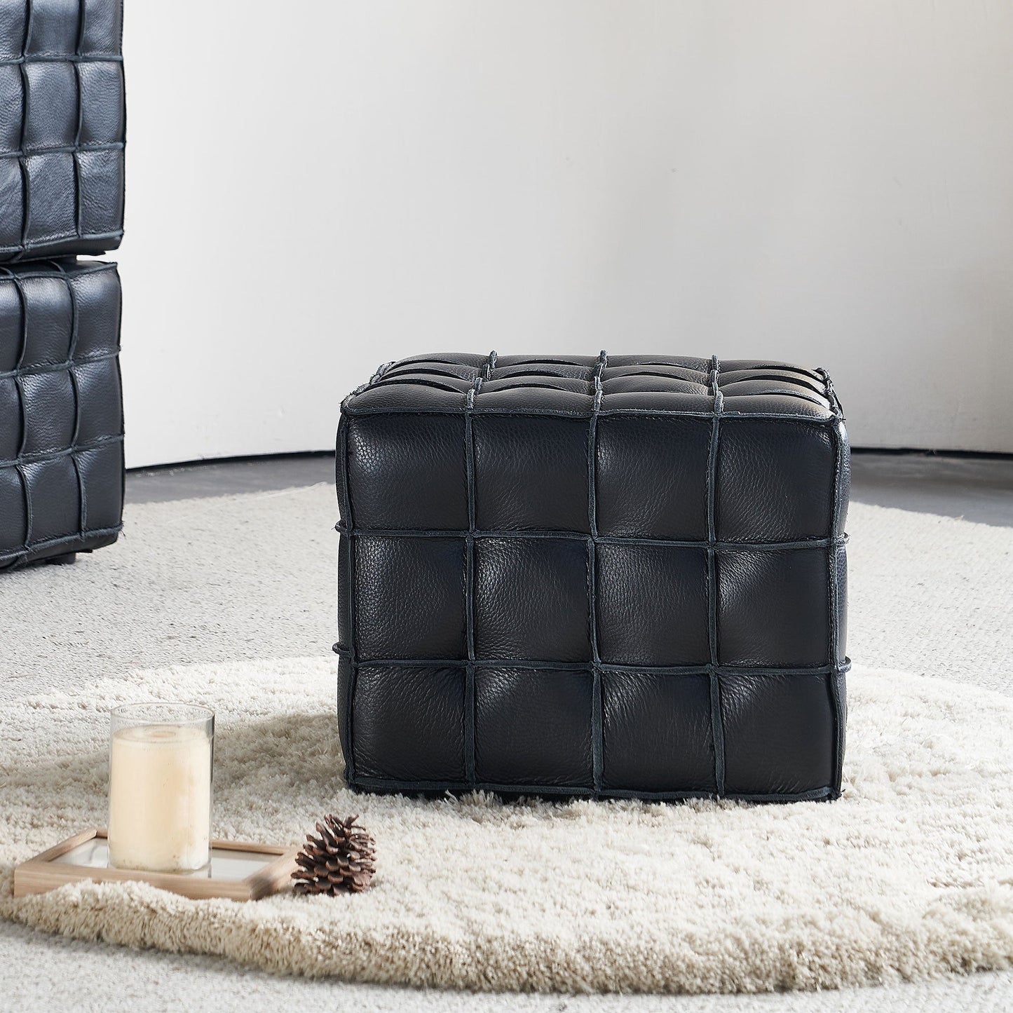 17.32'' Quality Leather Tufted Ottoman Footstool for Living Room, Black