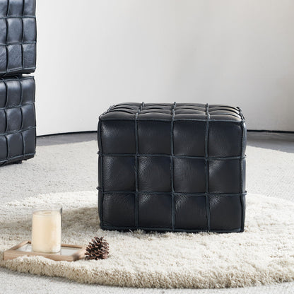 17.32'' Quality Leather Tufted Ottoman Footstool for Living Room, Black