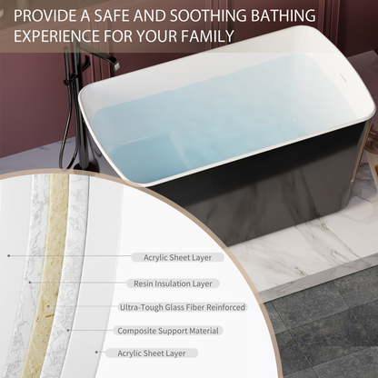49in Acrylic Freestanding Soaking Bathtub, Square Japanese Sit-In, Glossy Blac
