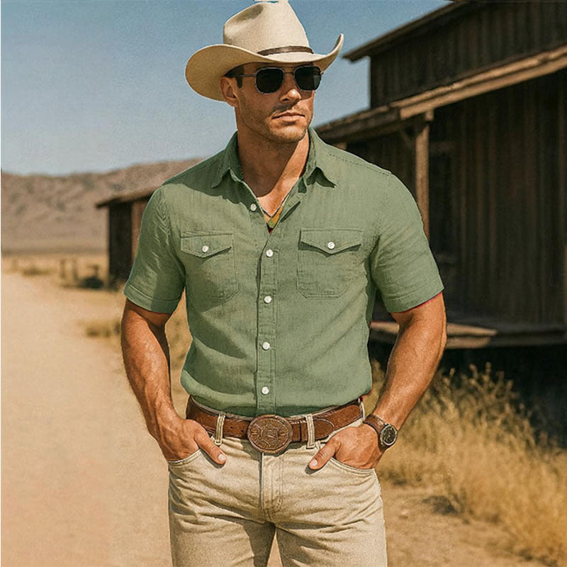 Mens Lapel-Neck Pocket Casual Short-Sleeve Shirt