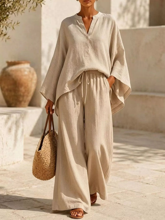 Full Size Notched Long Sleeve Top and Wide-Leg Pants Set Plus Size