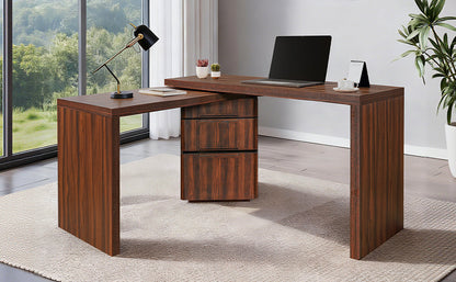 90' Modern L Shaped Desk in Walnut with 3 Drawers,360deg Wood Rotating Desk,Exe...