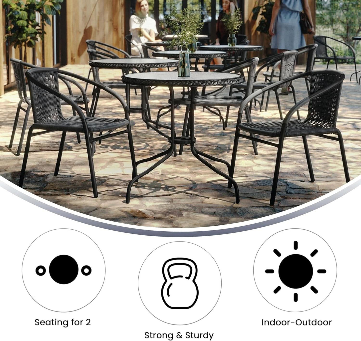 3-Piece Patio Dining Set With Round Glass Table And Stackable Rattan Chairs Gray