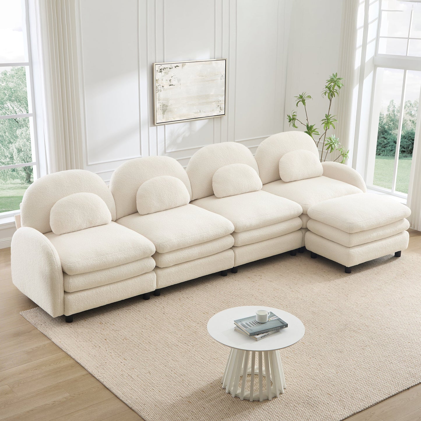 Sectional Sofa Modular Cloud Teddy Beige White 4 Seat Ottoman