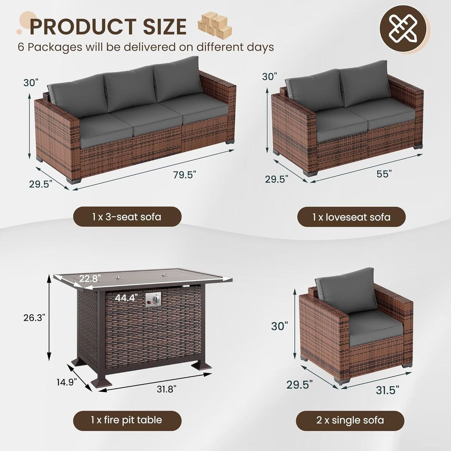 5 Piece Wicker Patio Furniture Set With Fire Pit Table Grey