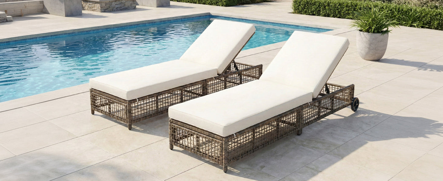 Outdoor Lounge Chair with 5-Position Backrest, Rattan Chaise Lounge in Beige