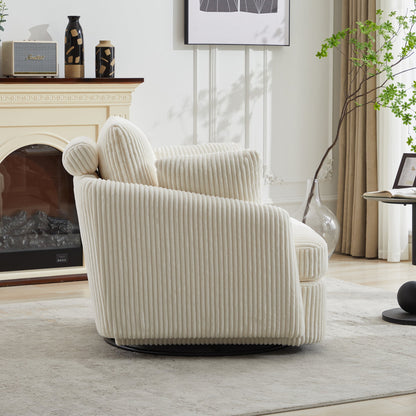 Accent Chair Swivel Round Oversized Corduroy Ivory 360 Degree 3 Pillows 40 In