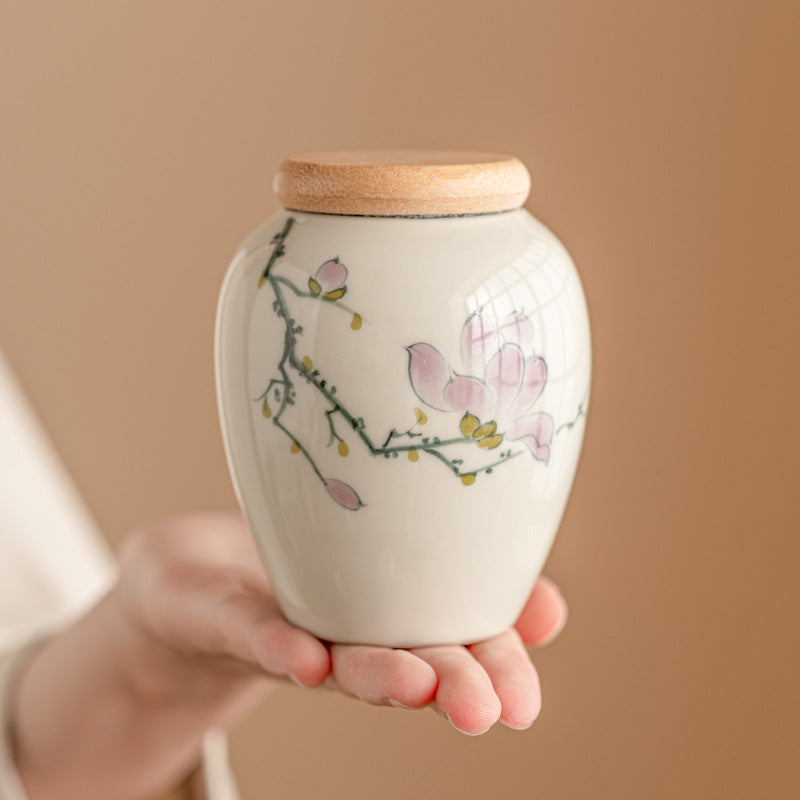 Chinese Hand-painted Ceramic Food Storage Jar Sealed Storage Portable Moisture-proof Bamboo Cover