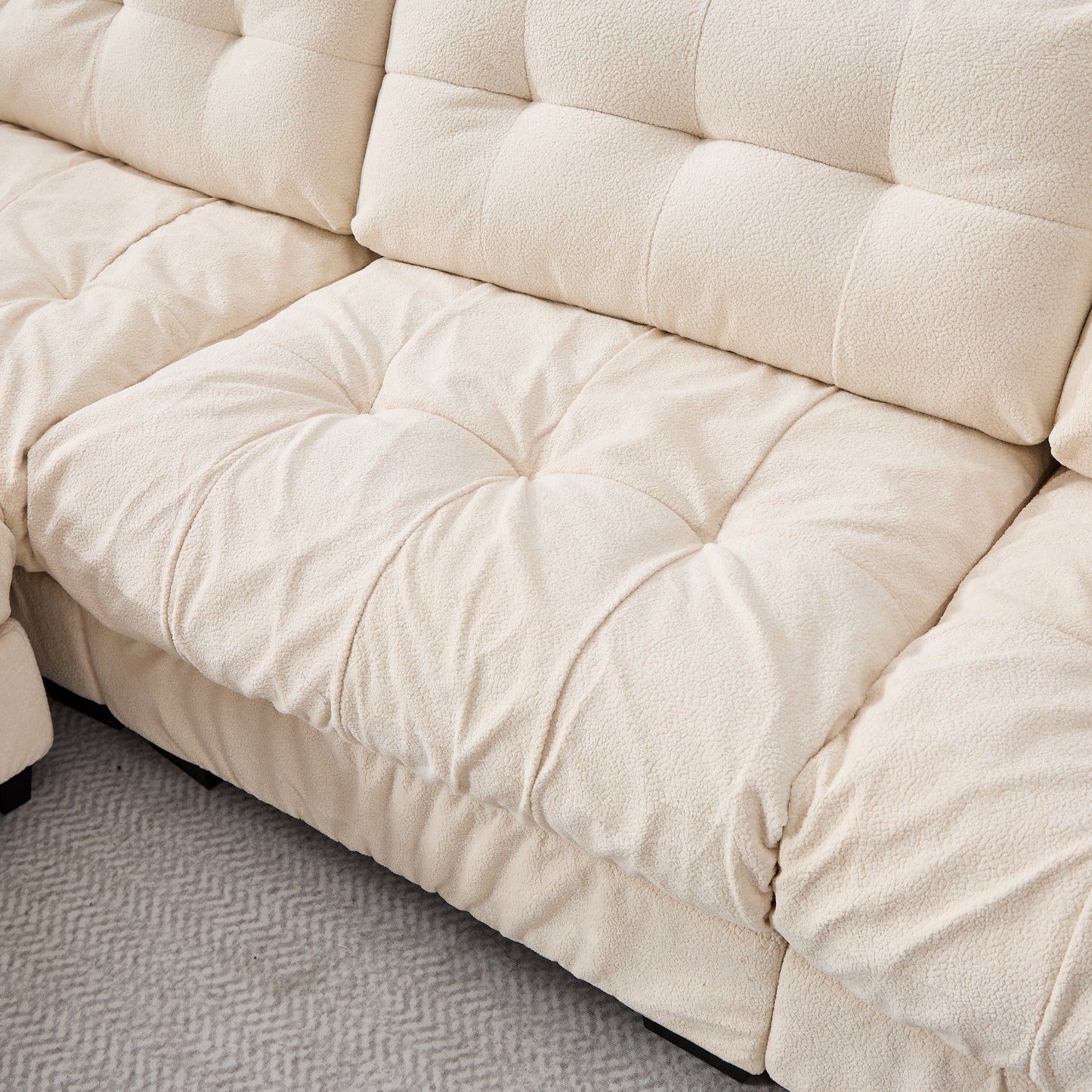 Sectional Sofa L-Shape Flannelette Beige 4 Seat Ottoman 123 In Deep Seat