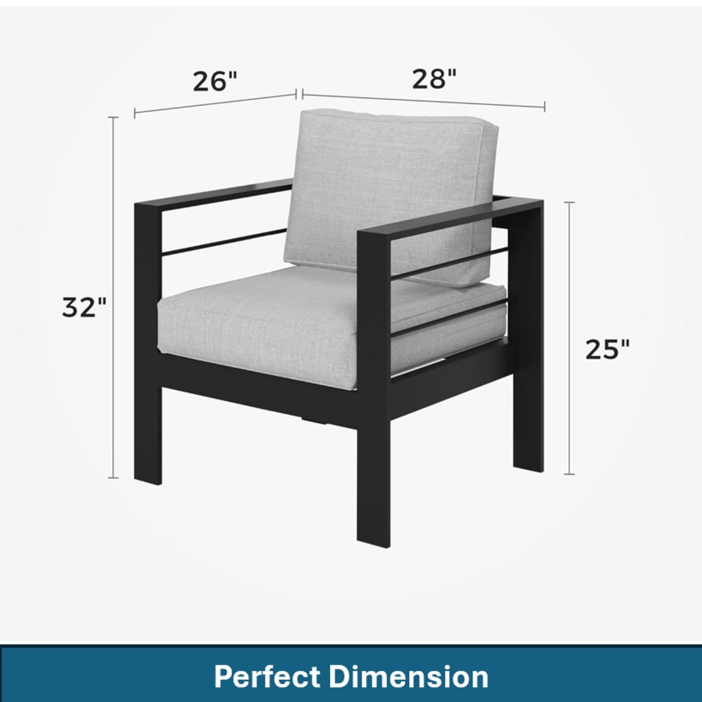 Outdoor Armchair Aluminum Black Gray Cushion 300 lb Set of 2 28in Wide