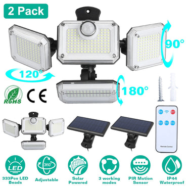 2 Pack Solar Powered Wall Lights IP44 Waterproof Motion Sensor Lamps with Separate Solar Panel 4 Adjustable Heads 333Pcs Beads 120¡ Sensing Angle Remo