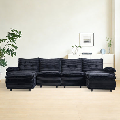 Sectional Sofa U-Shape Modular Corduroy Black 6-Seat with 2 Ottomans 140.94 In