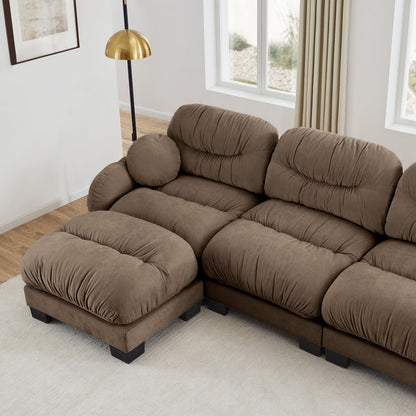 Sectional Sofa Modular Chenille Brown 3 Seat 2 Ottomans Pleated Backrest