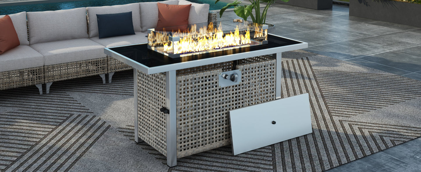 43 in Propane Gas Fire Pit Table 60,000 BTU Rectangular Open Weave Wicker, Grey
