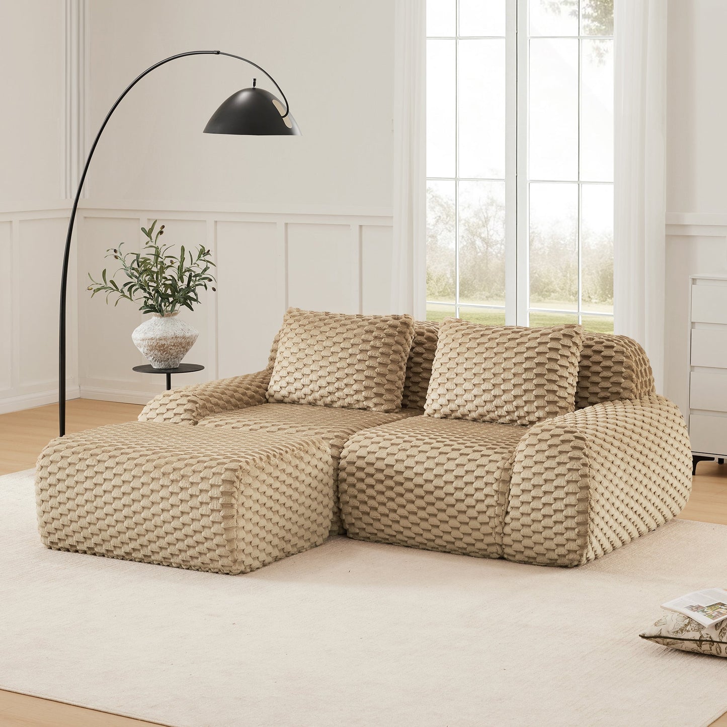 Sectional Sofa L-Shape Modular Flannelette Light Camel 2 Seat 82 In