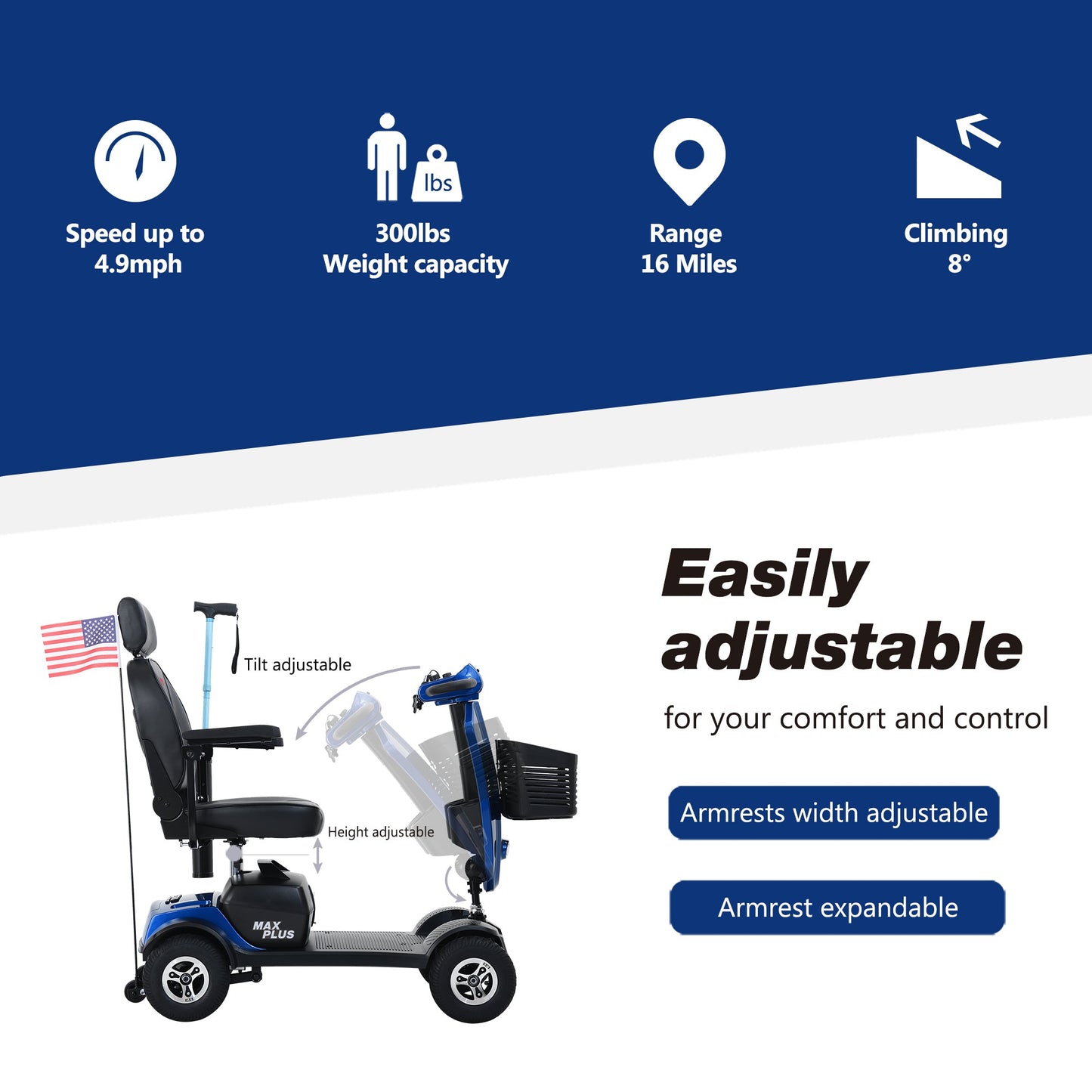Mobility Scooter 4-Wheel Metal Blue 16 Mile USB 360 Swivel Seat Anti-Tip