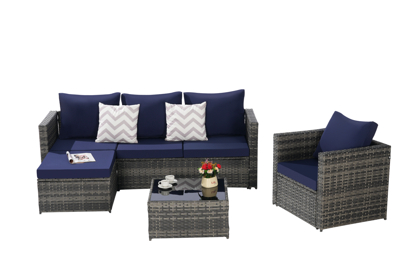 Outdoor Sectional Set PE Rattan Steel Dark Blue 4 Piece Seats 6 380 LB