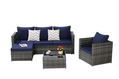Outdoor Sectional Set PE Rattan Steel Dark Blue 4 Piece Seats 6 380 LB