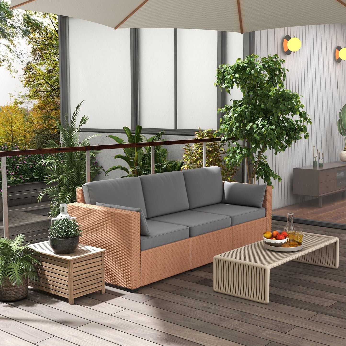 Outdoor Rattan Sofa Set 3 Seat Brown