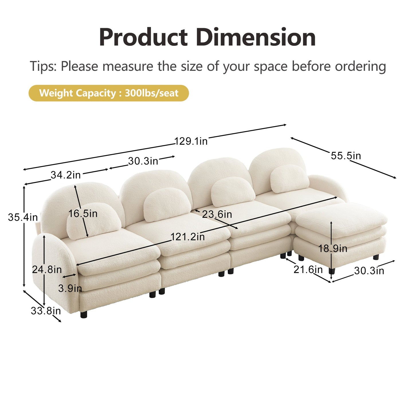 Sectional Sofa Modular Cloud Teddy Beige White 4 Seat Ottoman