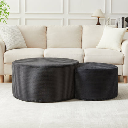 Upholstered Round Coffee Table Set of 2, Black Corduroy Fabric, No Assembly