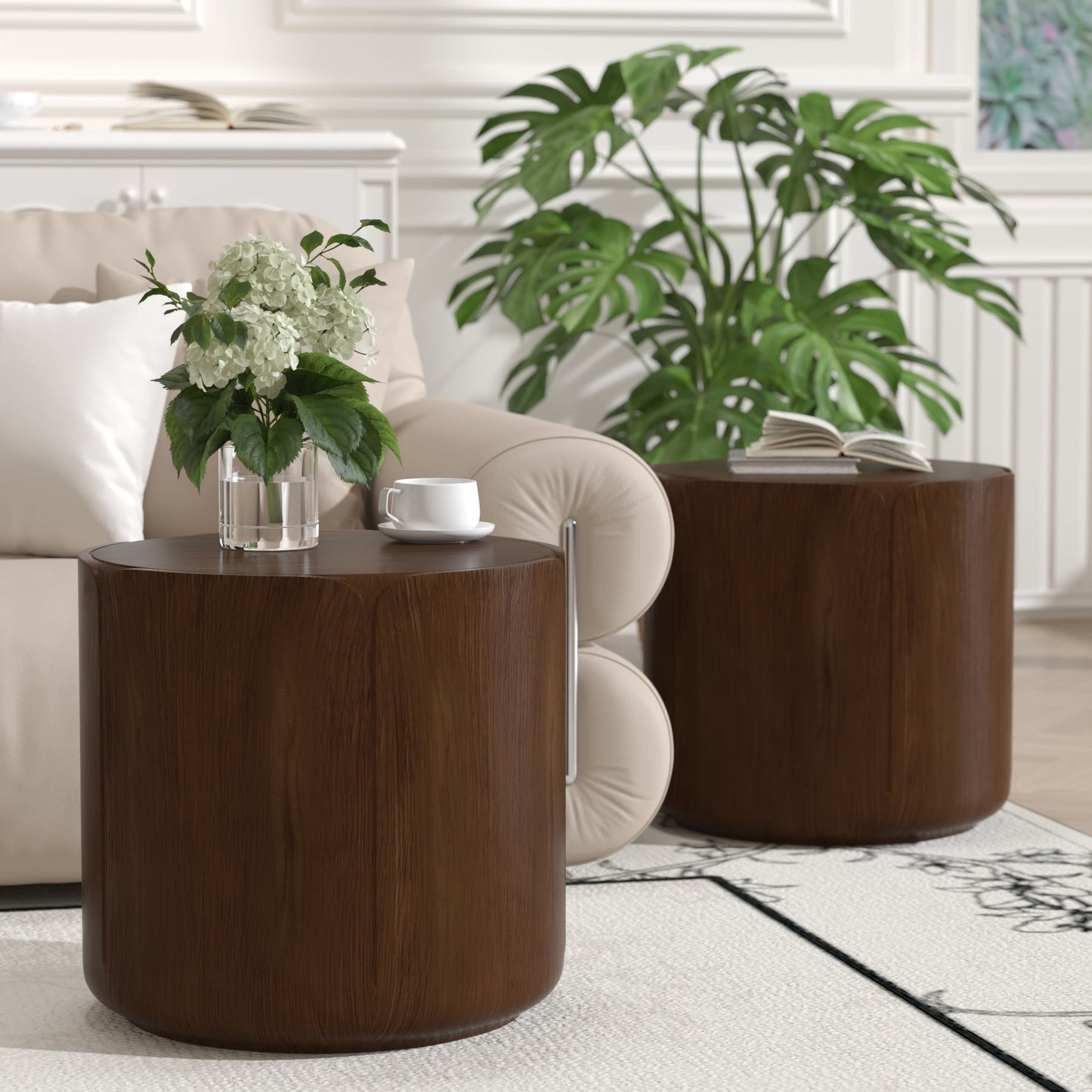 19.29 in Outdoor Side Table Set of 2, Wood Grain, Waterproof, Patio, Brown
