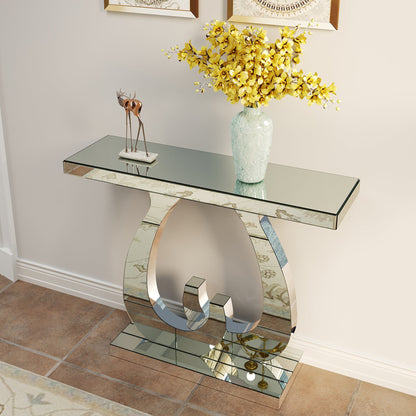 Modern Mirror Side Table, Glass, Double C-Shaped Base, Hall Table, Silver