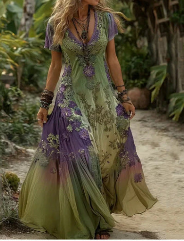 New Womens Loose-fit Printed Split Dress