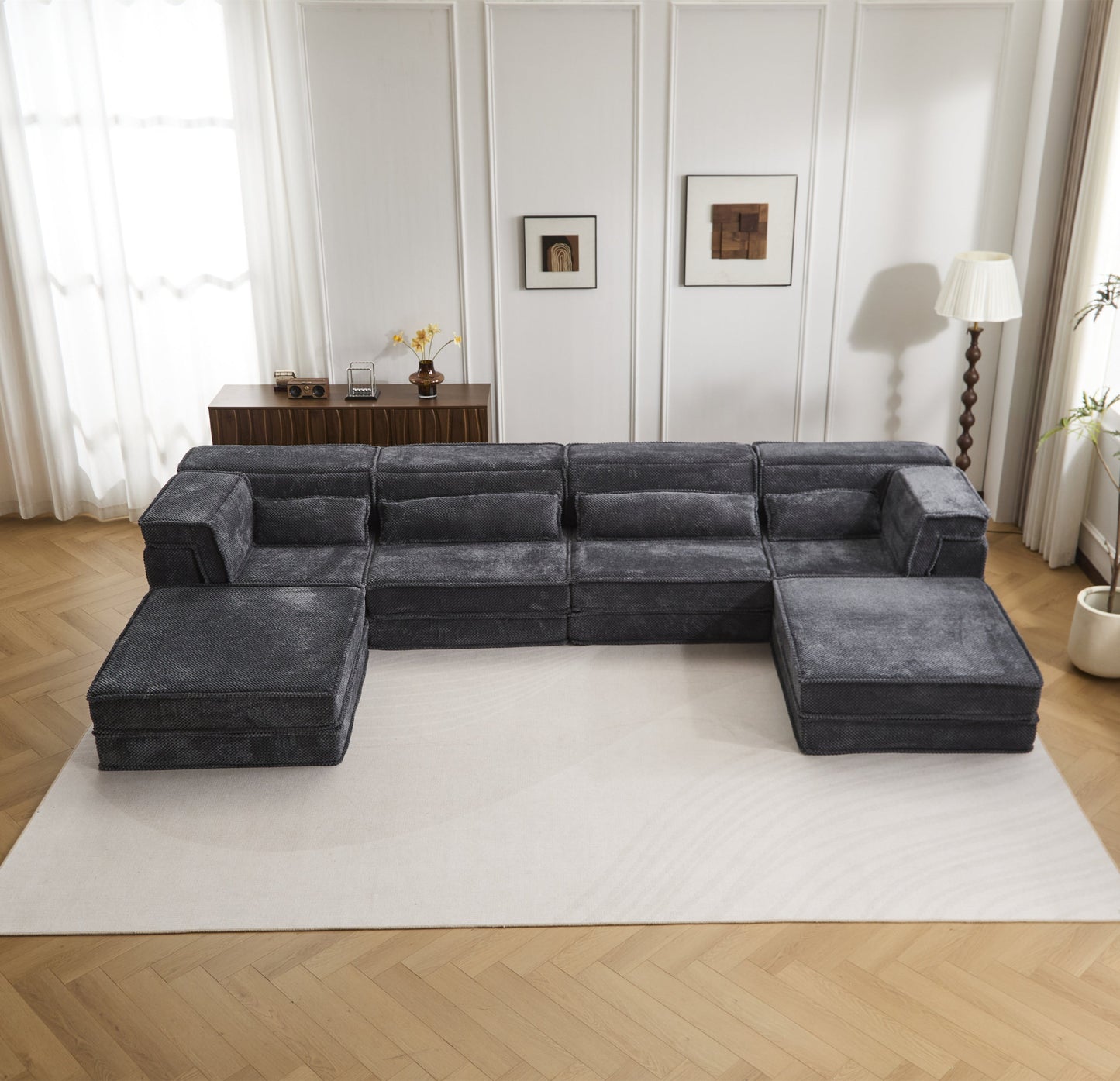 Sectional Sofa Bed Modular Circle Fleece Dark Gray 4 Seat 157 In Convertible