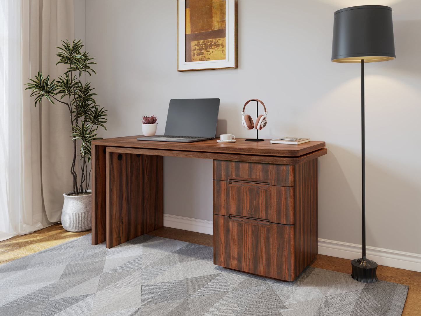 90' Modern L Shaped Desk in Walnut with 3 Drawers,360deg Wood Rotating Desk,Exe...